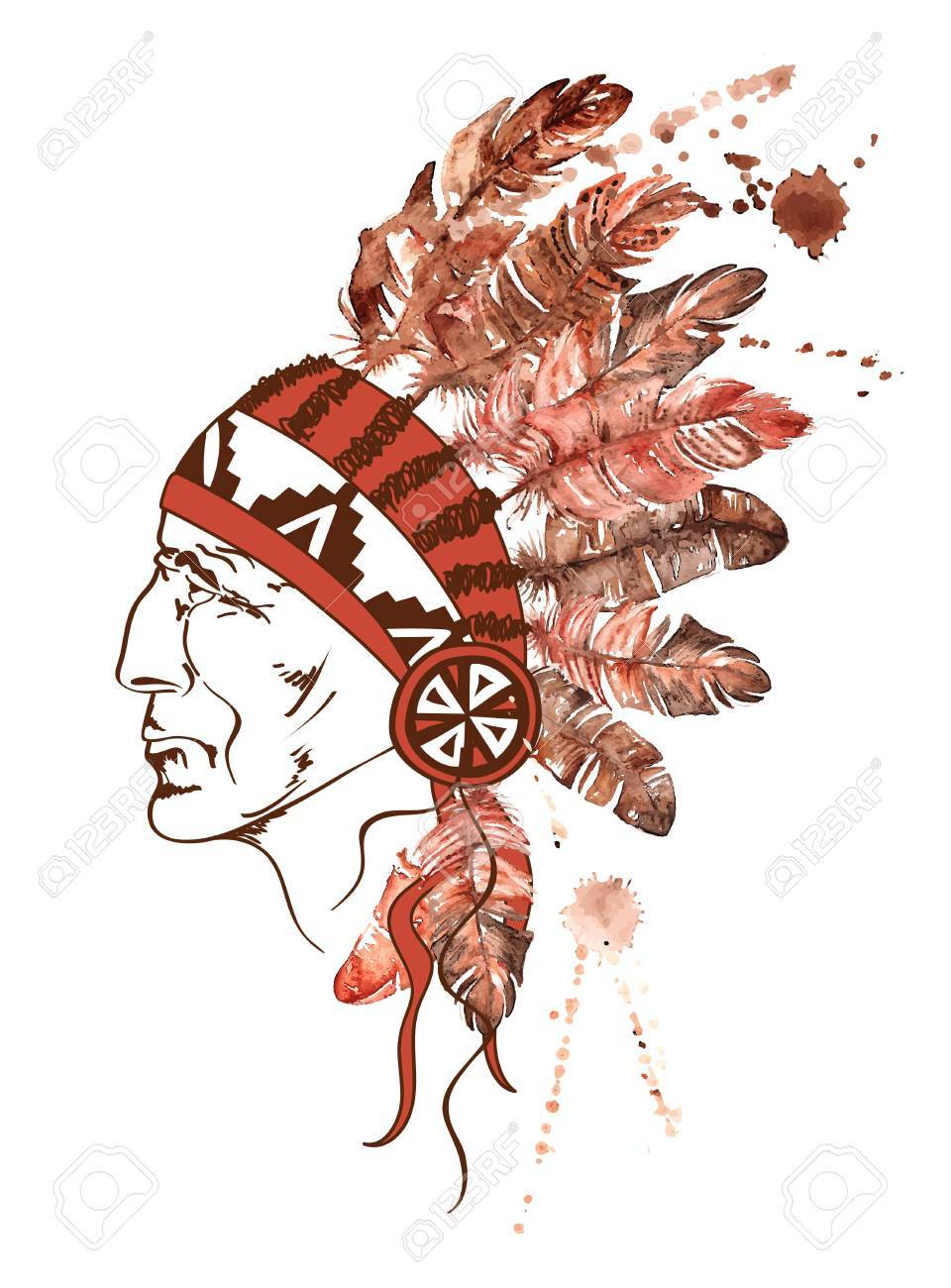 watercolor illustration with hand drawn native american indian watercolor illustration