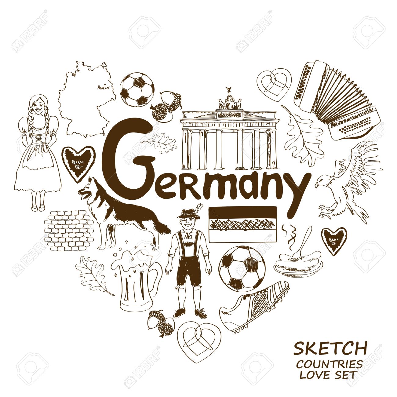 Sketch Collection Of German Symbols. Heart Shape Concept. Travel Background  Royalty Free SVG, Cliparts, Vectors, And Stock Illustration. Image 36247689.