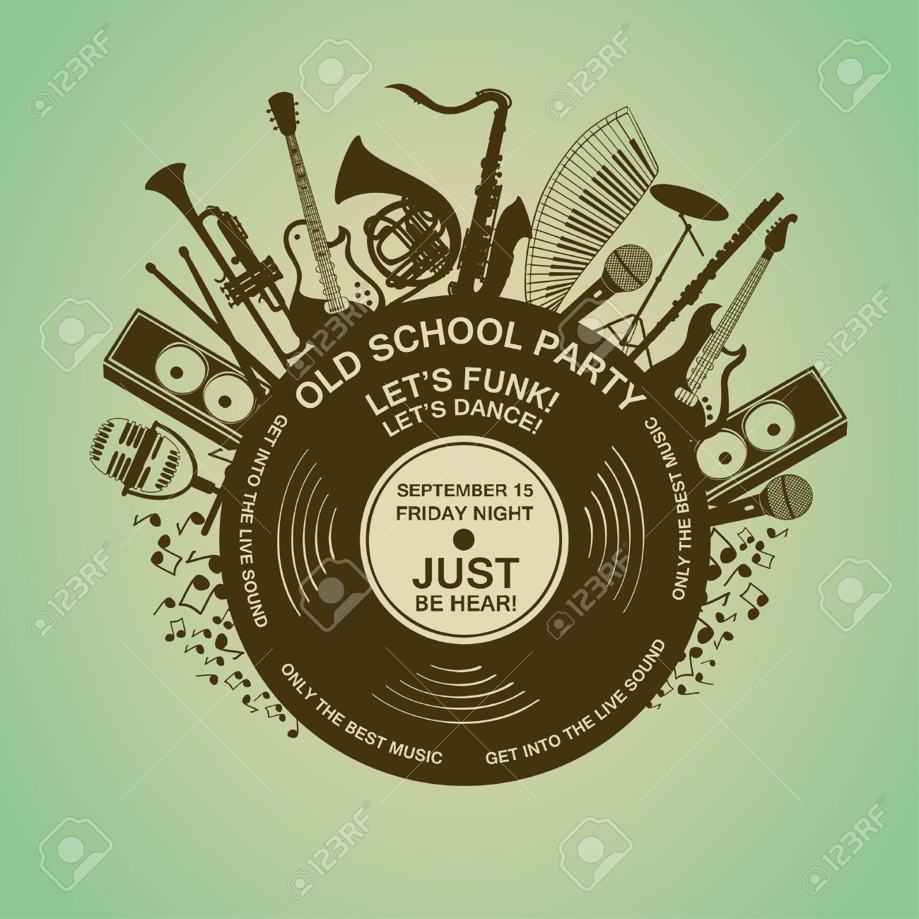 Illustration With Musical Instruments And Vinyl Record Music