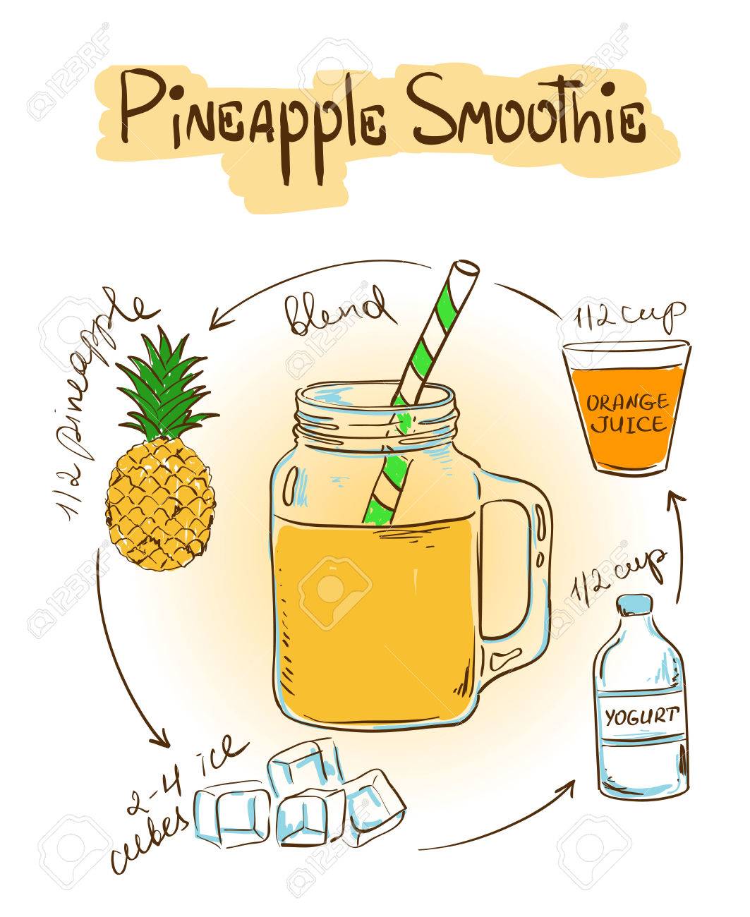 パイナップルスムージーを手描きスケッチ イラスト レシピとレストランやカフェの成分を含みます 健康的なライフ スタイルのコンセプト のイラスト素材 ベクタ Image