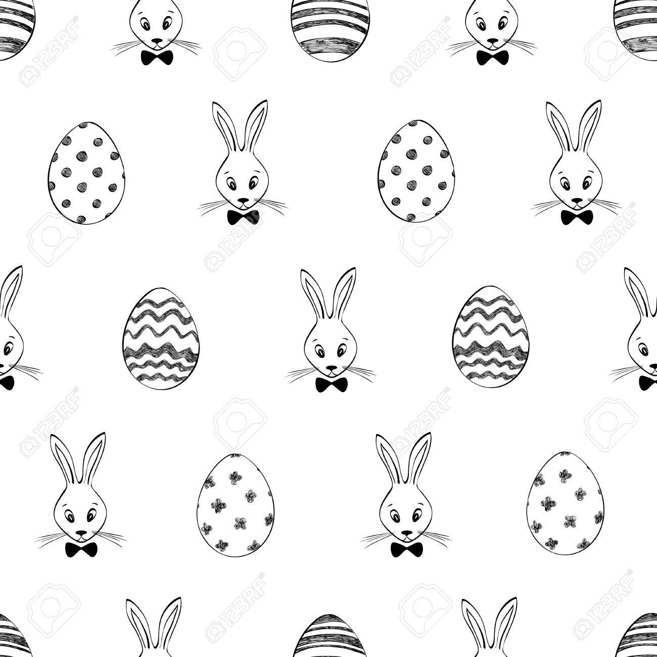 Easter Seamless Pattern With Rabbits And Eggs Black And White