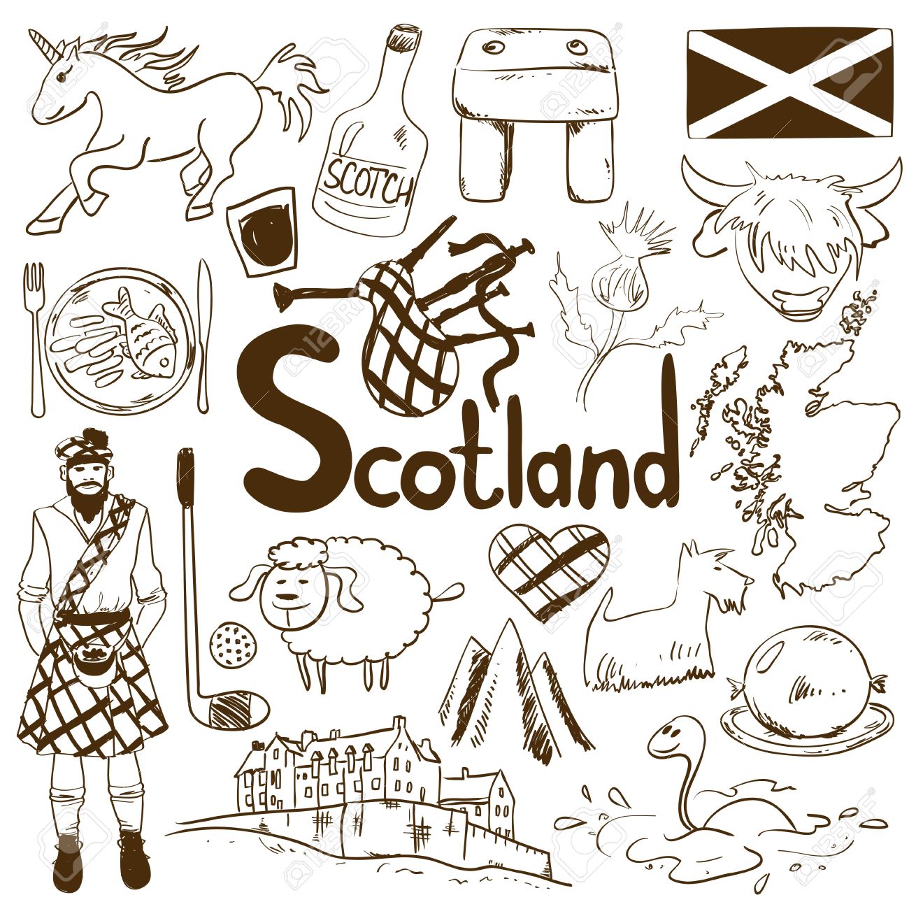 楽しいスケッチ スコットランド アイコンのコレクション スコットランドのシンボルと協会の旅行の概念 のイラスト素材 ベクタ Image