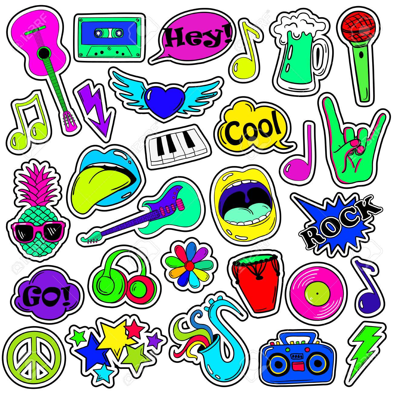 カラフルな楽しい音楽ステッカー アイコン 絵文字 ピンや漫画のコミック スタイルの 80 90 年代のパッチのセットを のイラスト素材 ベクタ Image