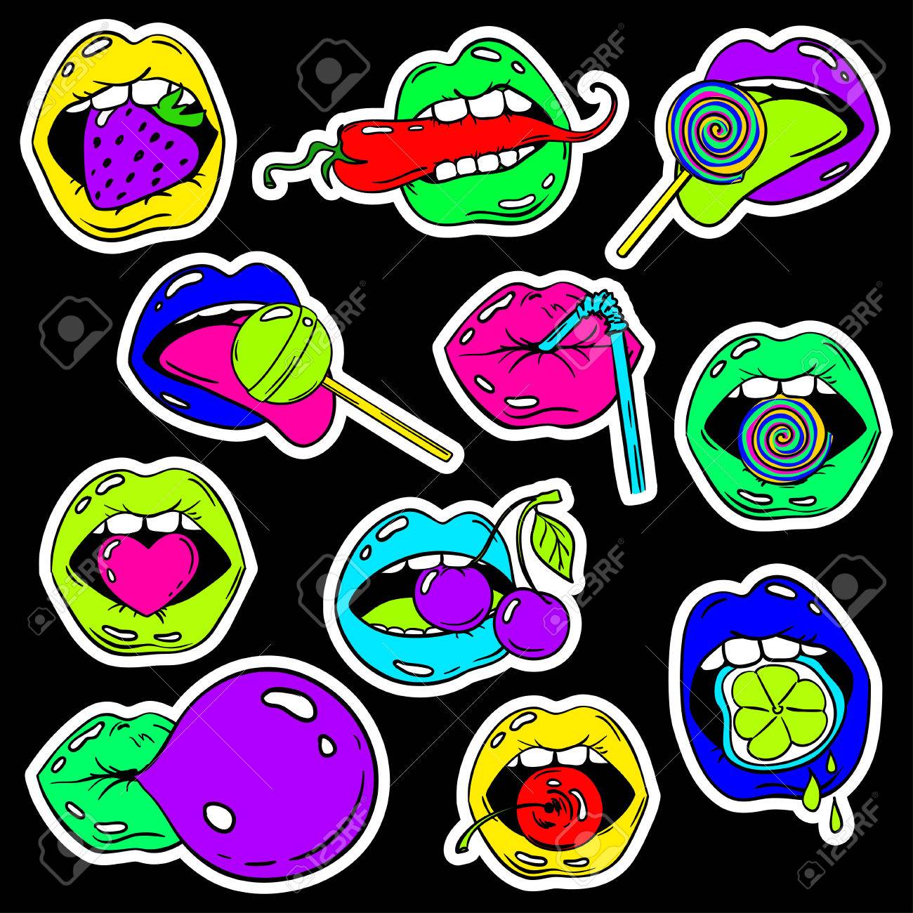 Colorful Fun Set Of Female Lips Stickers, Icons, Emoji, Pins Or Patches In  Cartoon 80s-90s Pop Comic Style. Woman's Mouth With Strawberry, Cherry,  Pepper, Lemon, Bubble Gum, Candy, Lollipop And Cocktail Straw.