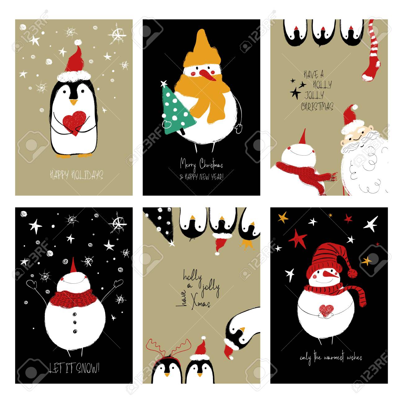 Biglietti Di Natale Umoristici.Vettoriale Set Di Biglietti Di Auguri Di Natale Disegnate A Mano Divertenti Carte Retro Grunge Con Babbo Natale Pupazzo Di Neve E Simpatici Pinguini Image 90181413