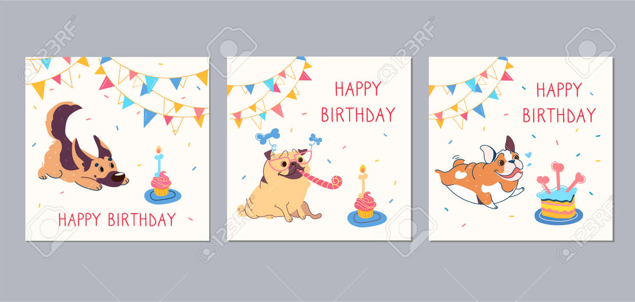 Happy Birthday Cards With Funny Cartoon Pug English Bulldog German Shepherd Garlands Festive Cupcake With Candles In The Shape Of A Bone Vector Greeting Card With Cute Animals Little Puppies Stock Photo
