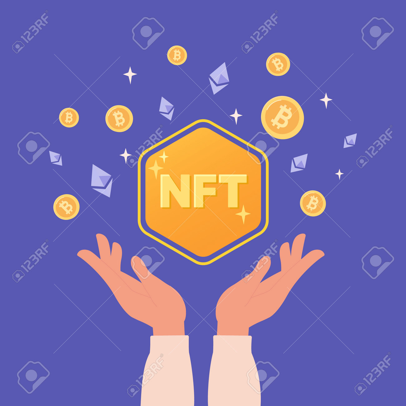 Nft 그림입니다. 손에는 비트코인과 이더리움 코인이 있는 Nft가 있습니다. 보라색 배경에 플랫 스타일의 현대 벡터 아트. 로열티  무료 사진, 그림, 이미지 그리고 스톡포토그래피. Image 194865781