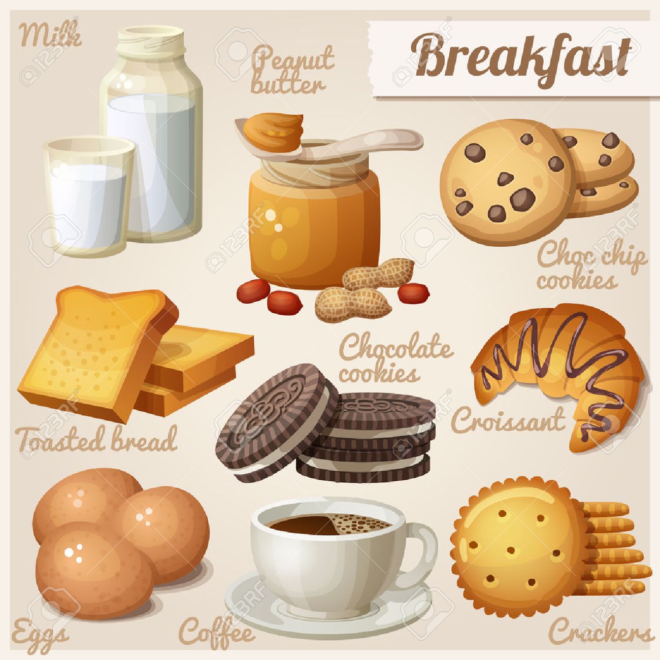 Breakfast 3. Set of cartoon vector food icons. Milk, peanut butter, choc chip cookies, toasted bread, chocolate cookies, croissant, eggs, coffee, crackers - 52776689 Breakfast 3. Set of cartoon vector food icons. Milk, peanut butter, choc chip cookies, toasted bread, chocolate cookies, croissant, eggs, coffee, crackers - 52776689