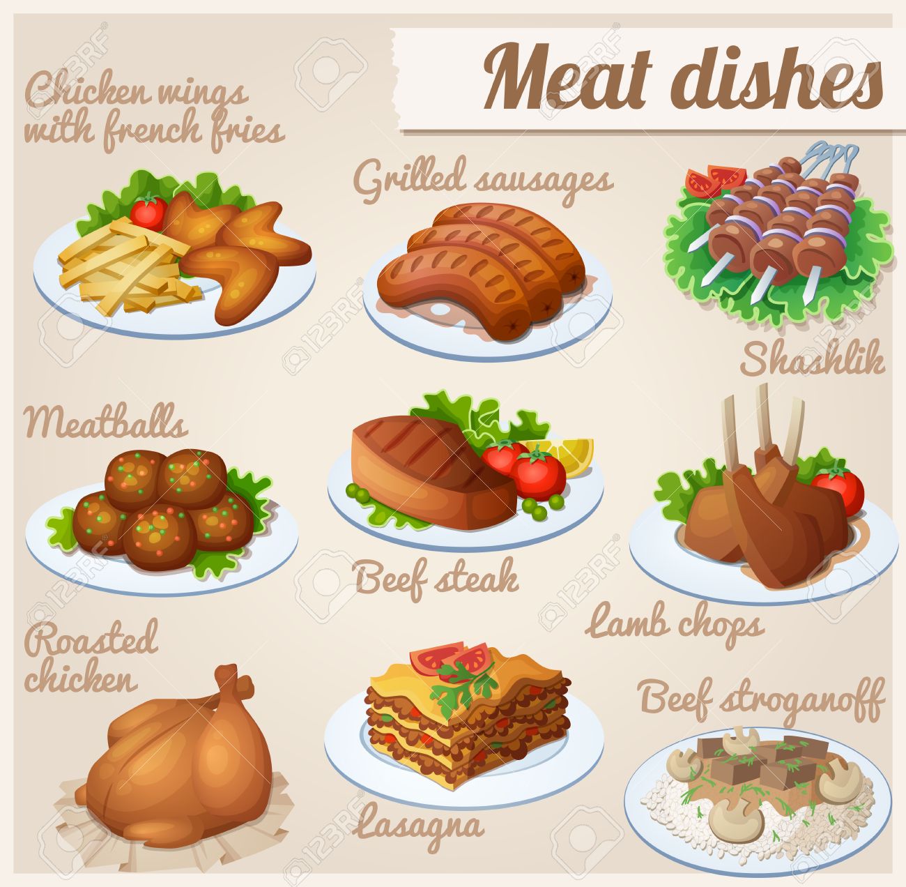 Chicken wings with french fries, grilled sausages, shashlik, meatballs, beef steak, lamb chops roasted chicken lasagna beef stroganoff - 53778453 Chicken wings with french fries, grilled sausages, shashlik, meatballs, beef steak, lamb chops roasted chicken lasagna beef stroganoff - 53778453