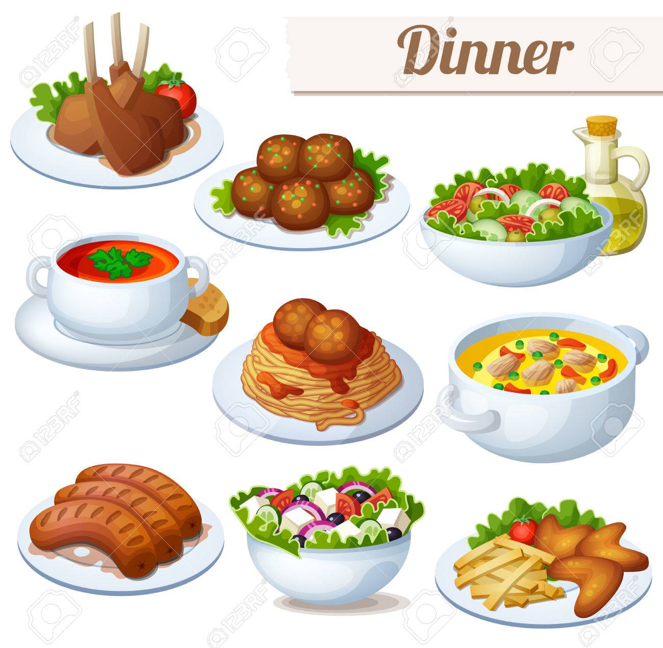 Set of food icons isolated on white background. Dinner. Lamb chops, spaghetti with meat balls, salad with olive oil, cream soup, bollion, grilled sausages, greek salad, chicken wings - 53882506 Set of food icons isolated on white background. Dinner. Lamb chops, spaghetti with meat balls, salad with olive oil, cream soup, bollion, grilled sausages, greek salad, chicken wings - 53882506