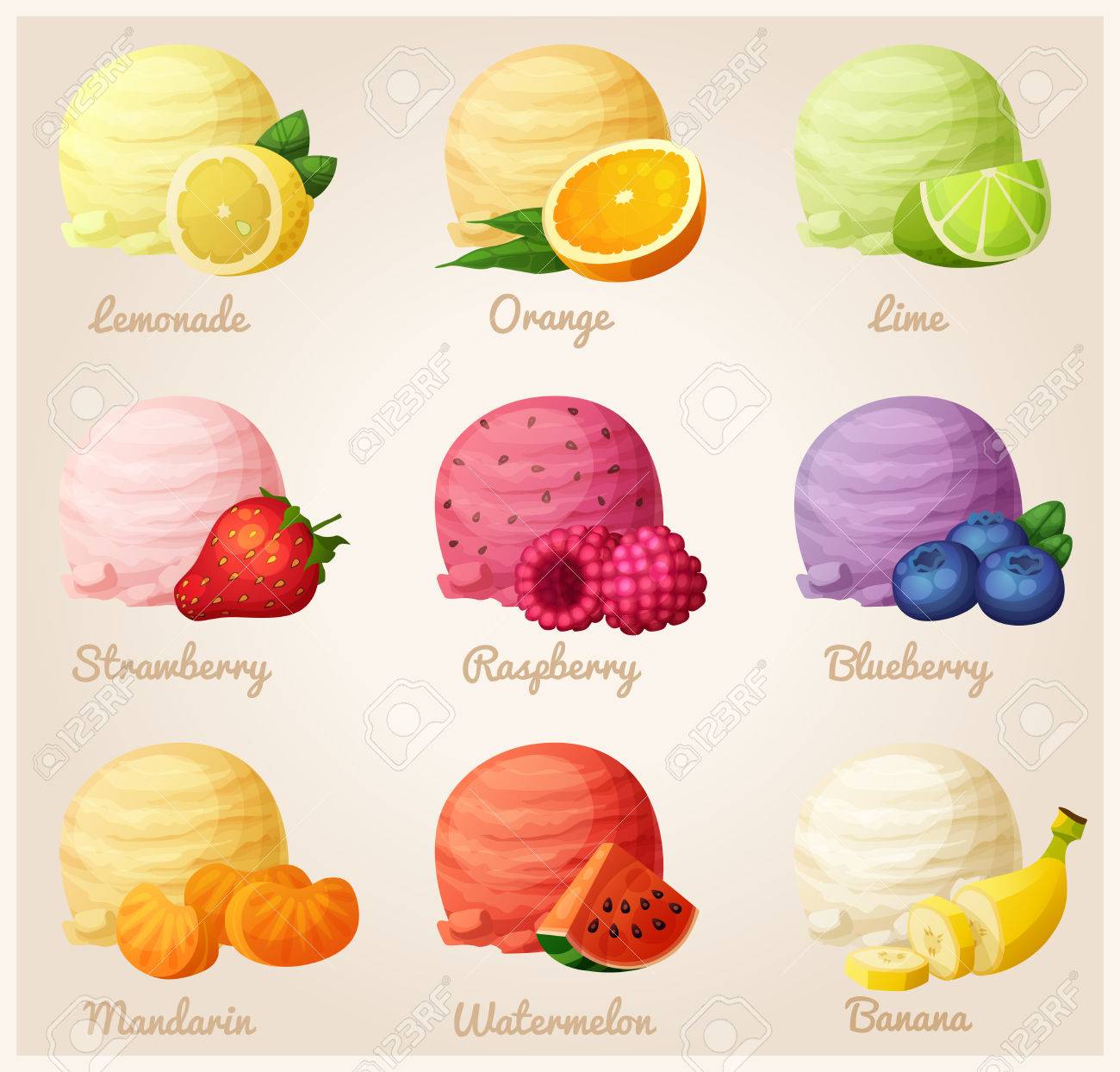 set of cartoon vector icons ice cream scoops with different