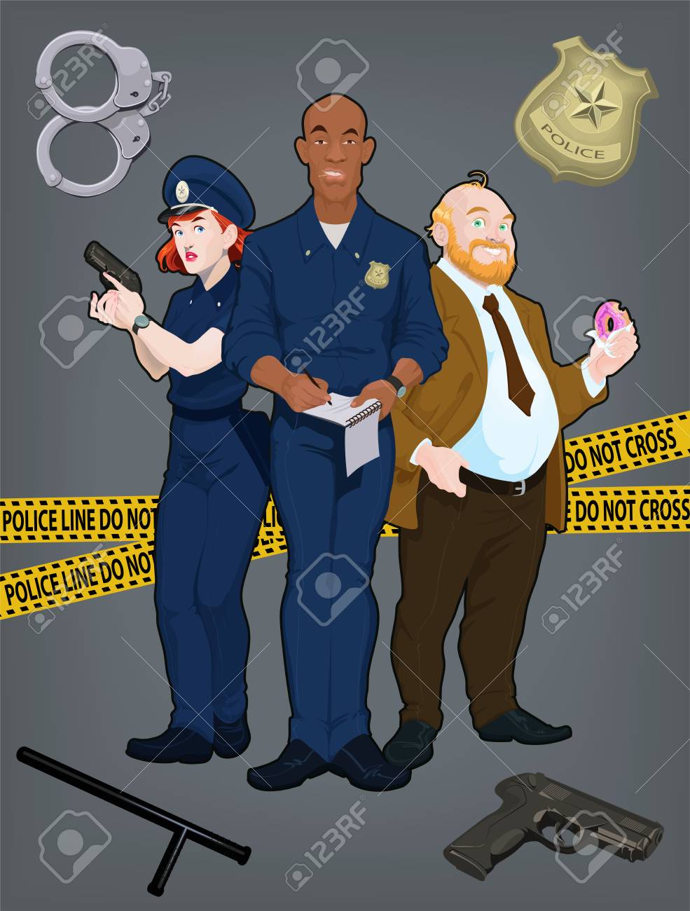 警官のチームだ3人の警官キャラクター 漫画ベクトルイラストのイラスト素材 ベクタ Image