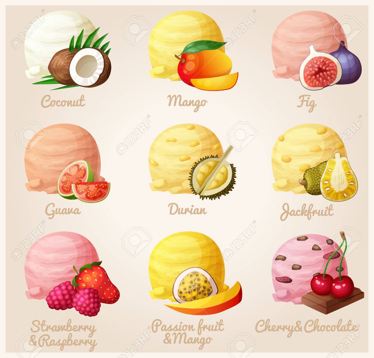 set of cartoon vector icons of ice cream flavors royalty free