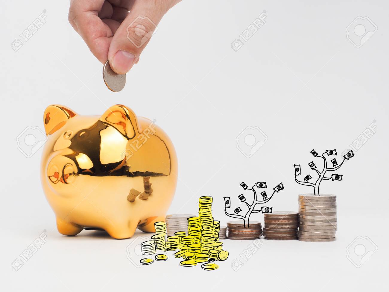 Golden Piggy Bank Filled With Coins On White Background Saving - 