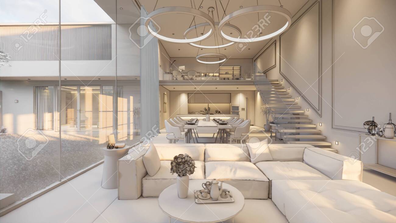 5d Rendering. Interior House Modern Open Living Space With Kitchen 5d Rendering. Interior House Modern Open Living Space With Kitchen