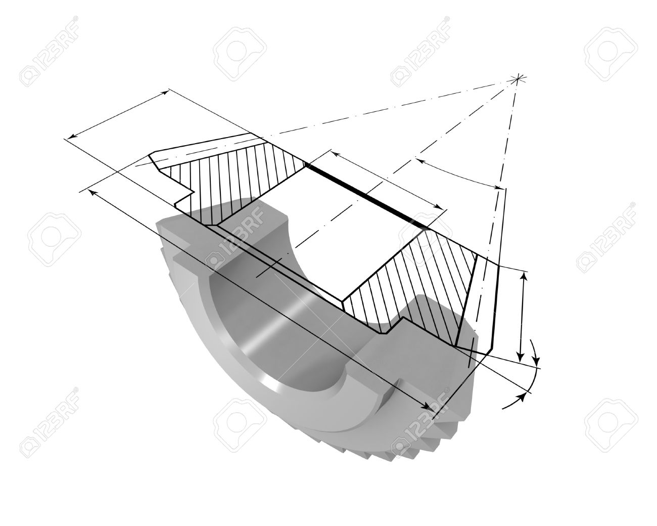 Three-dimensional model bevel gear in the section. On top of the model is projected onto the drawing. - 7788908 Three-dimensional model bevel gear in the section. On top of the model is projected onto the drawing. - 7788908