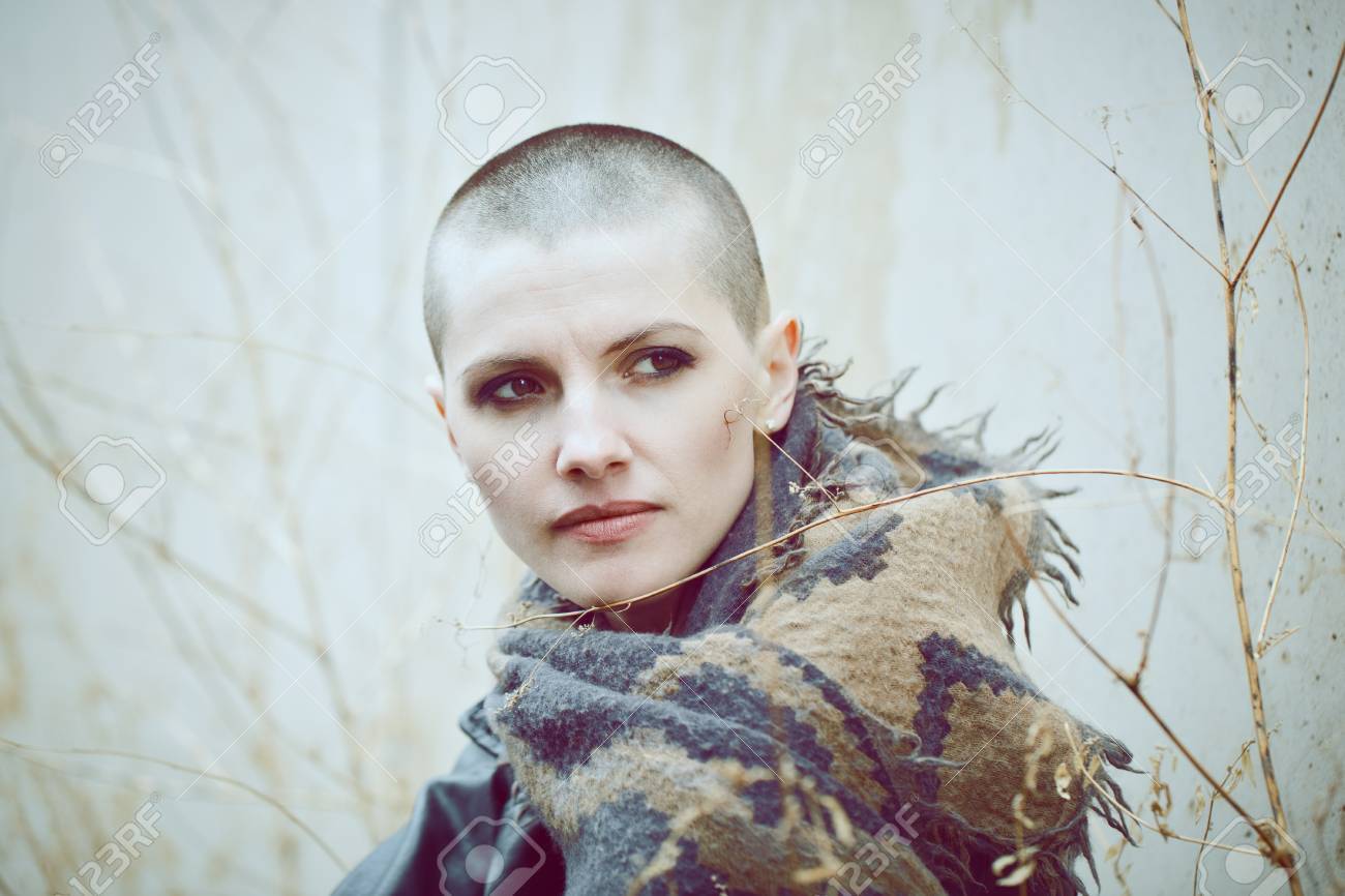 Portrait Of Sad Beautiful Caucasian White Young Bald Girl Woman