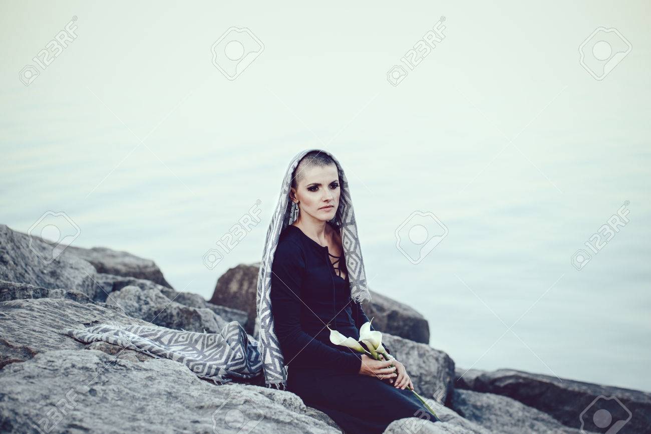 Portrait Of Sad Beautiful Caucasian White Young Bald Girl Woman