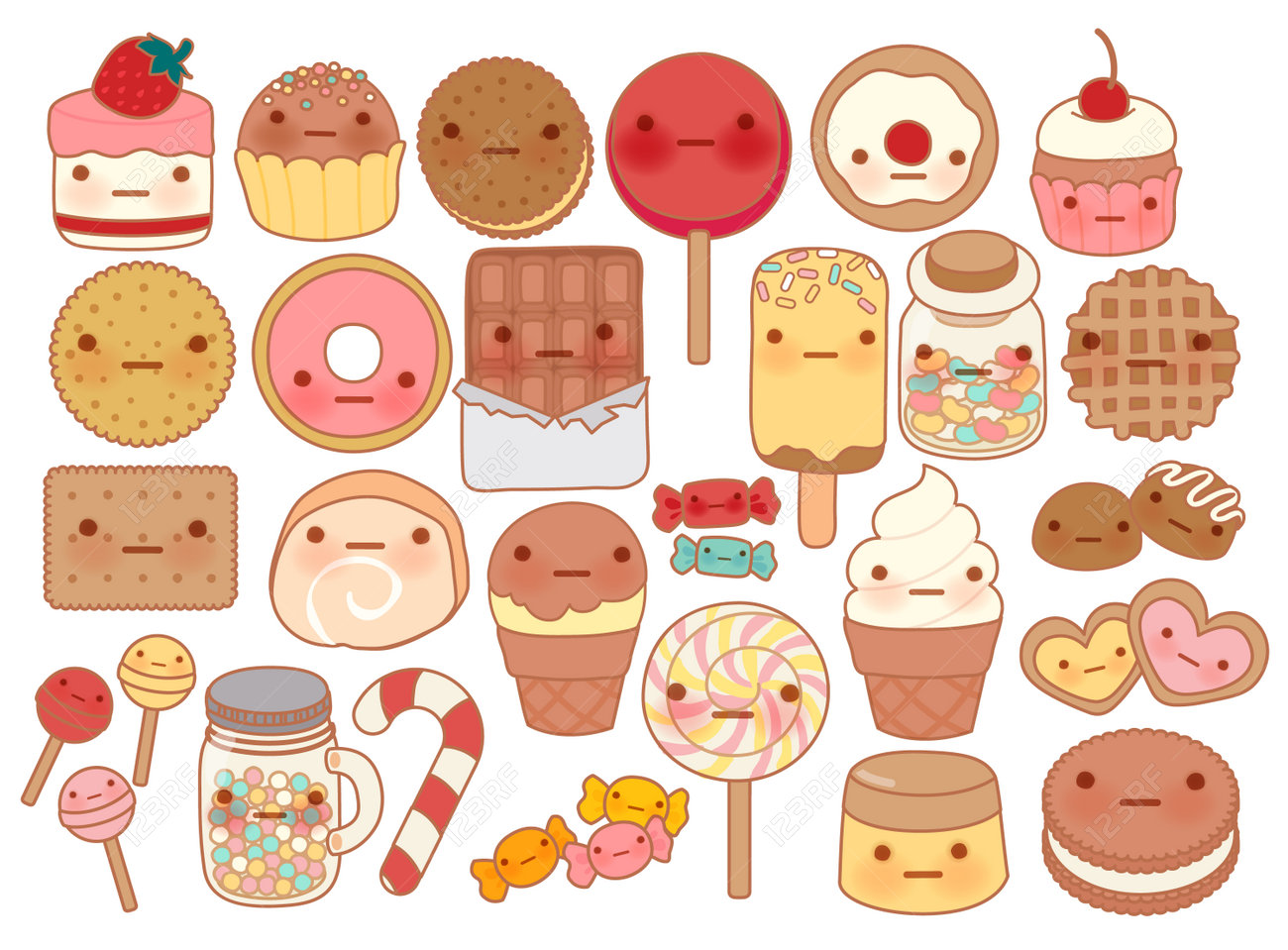Collection De Beau Bebe Doux Et Le Dessert Icone Griffonnage Gateau Mignon Bonbons Adorable Creme Glacee Douce Jelly Bean Kawaii Biscuit Girly De Style De Dessin Anime Manga Enfantin Vecteur Fichier