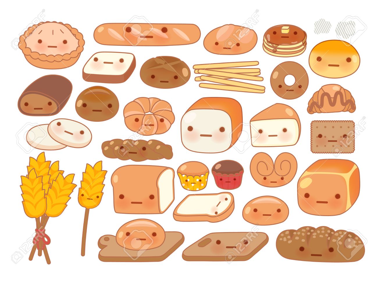 可愛い赤ちゃんベーカリー食品落書きアイコン かわいい白パン 愛らしいパン 甘いパン クロワッサンのコレクションは 子どものような漫画で乙女チックな茶色の パン漫画に分離白 のイラスト素材 ベクタ Image