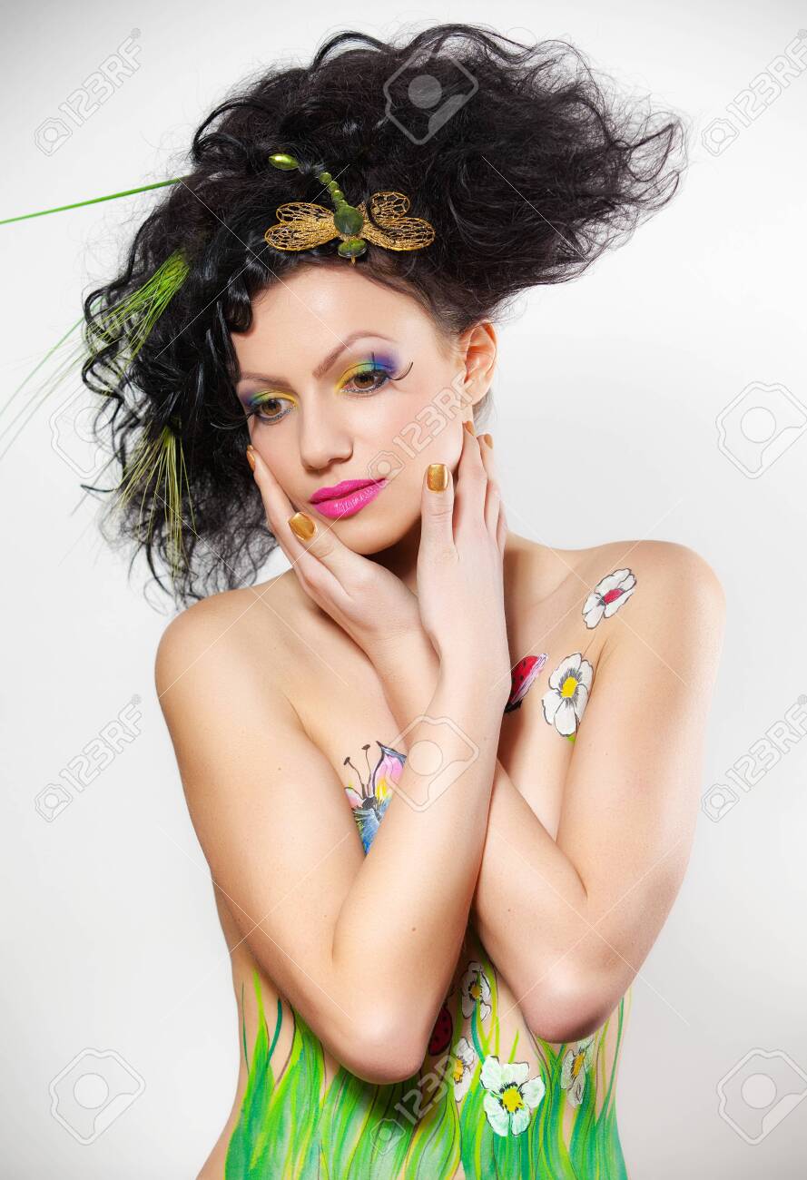 Beautiful Sexy Glamorous Girl With Drawings On The Body In An