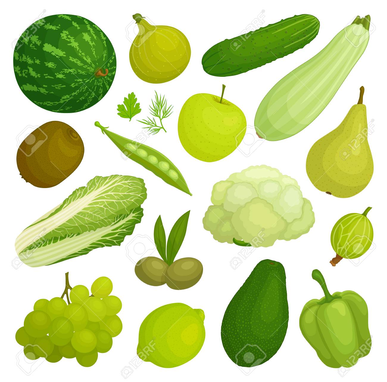 Un Conjunto De Frutas Y Verduras De Color Verde. Comida Verde. Ilustración  Vectorial Ilustraciones svg, vectoriales, clip art vectorizado libre de  derechos. Image 90965116, image size:1300x1284