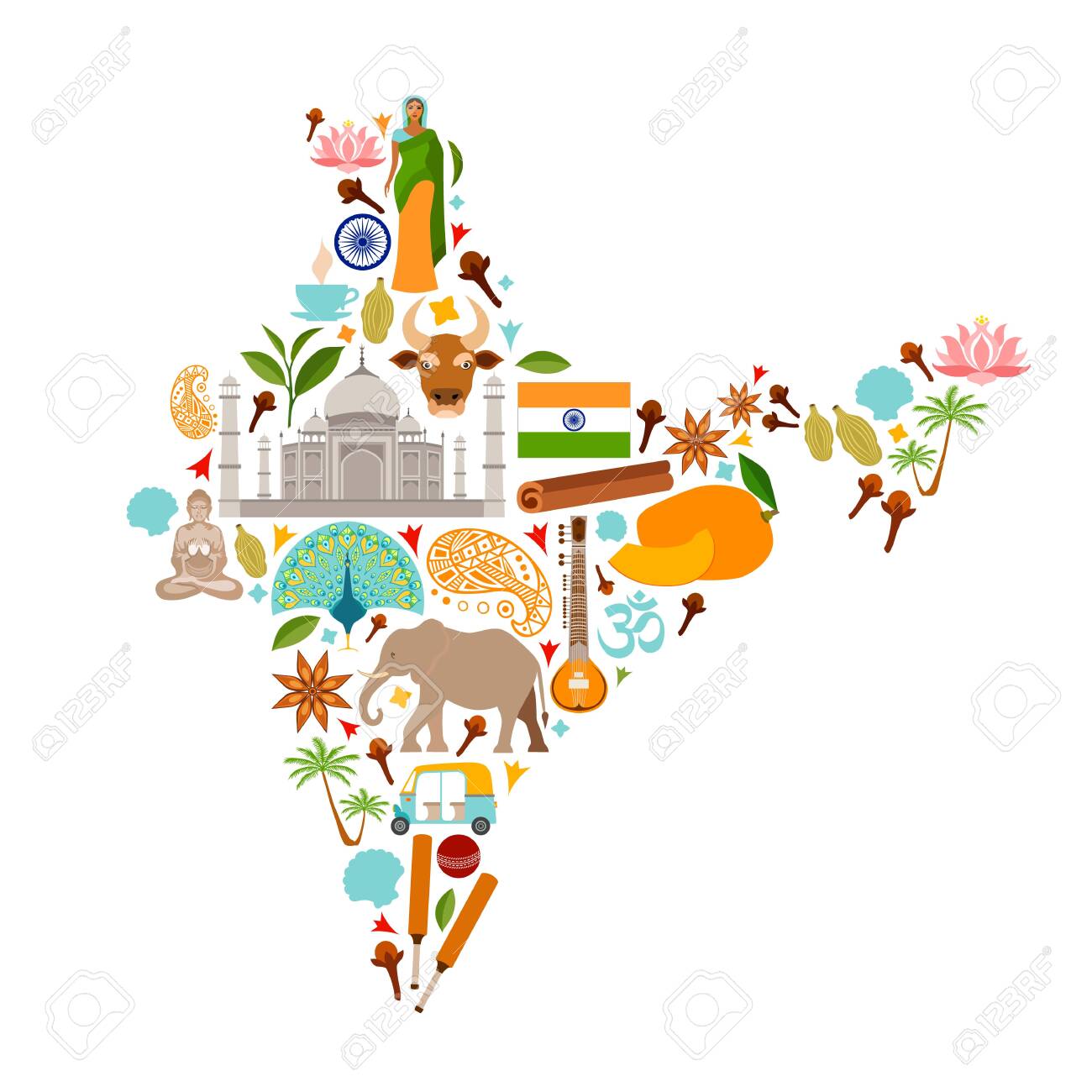 map-of-india-from-popular-country-symbols-art-print-for-home-decor-travel-map-in-flat-style-isolated-on-white-background-printable-wall-sticker-decal-travel-art-royalty-free-svg-cliparts-vectors for Free Printable Map Of India Map Of India From Popular Country Symbols. Art Print For Home Decor. Travel Map In Flat Style Isolated On White Background. Printable Wall Sticker, Decal. Travel Art. Royalty Free SVG, Cliparts, Vectors, for Free Printable Map Of India