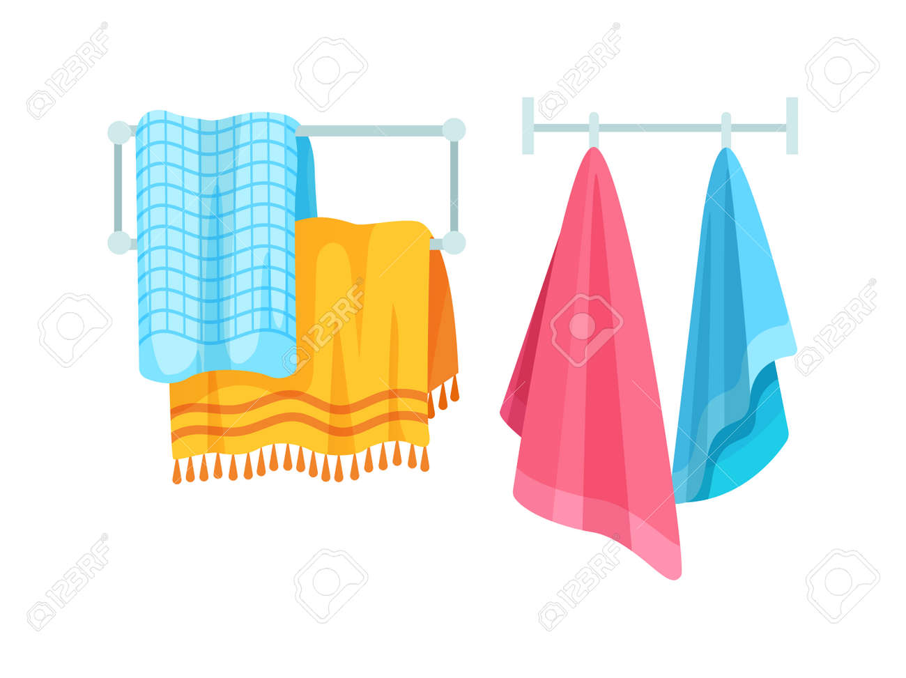 Bath Accessories Cartoon Set. Bath Towels. Clothes Dryer, Hanging Color Cloth  Towels. Towel Bath For Hygiene For Bathroom Kitchens, Saunas Cartoon Vector  Illustration Royalty Free SVG, Cliparts, Vectors, and Stock Illustration.  Image, image size:1300x973