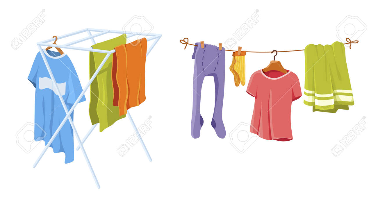 Adult And Baby Clothes Hanging On Clothesline. Drying Clothes And Towel  After Washing On Rope. Socks, T-shirt, Tights, Bath And Kitchen Towels,  Linen On Dryer Cartoon Vector Royalty Free SVG, Cliparts, Vectors,, image size:1300x733