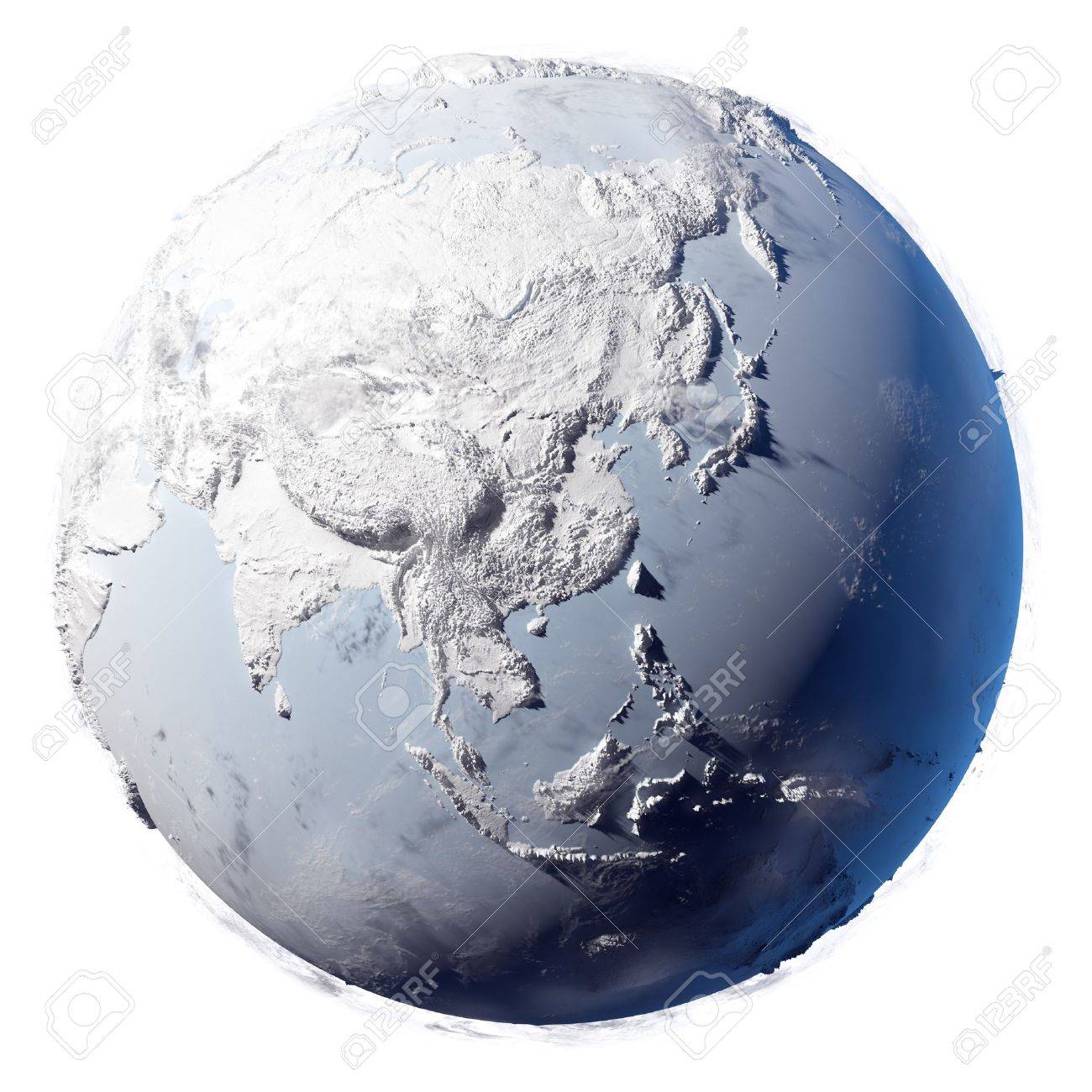 Winter Planet Earth - Covered In Snow And Ice Planet With A Real Detailed Terrain, Soft Shadows And Volumetric Clouds On A White Background Stock Photo, Picture And Royalty Free Image. Image 8182854.