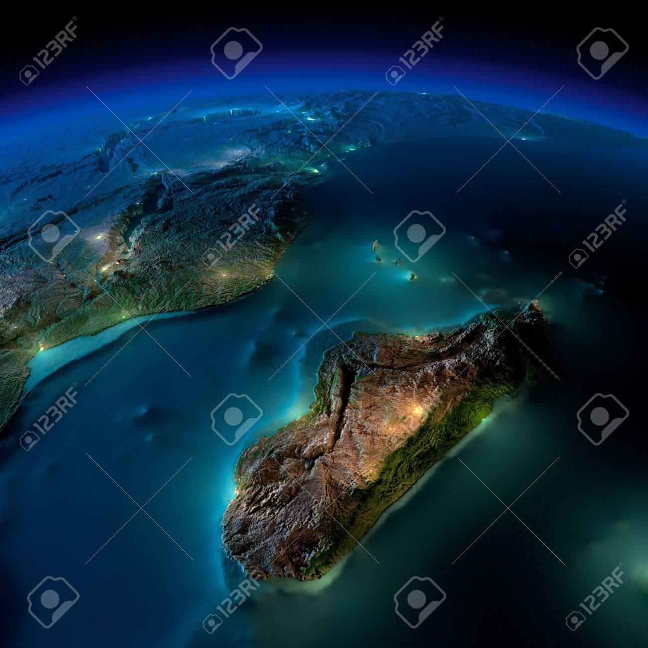Highly detailed Earth, illuminated by moonlight. The glow of cities sheds light on the detailed exaggerated terrain and translucent water of the oceans. Elements of this image furnished by NASA - 18796381 Highly detailed Earth, illuminated by moonlight. The glow of cities sheds light on the detailed exaggerated terrain and translucent water of the oceans. Elements of this image furnished by NASA - 18796381