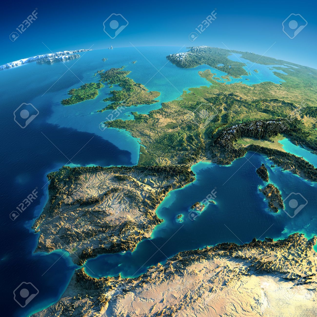 Highly detailed planet Earth in the morning Exaggerated precise relief lit morning sun Part of Europe, the Mediterranean Sea - 19449656 Highly detailed planet Earth in the morning Exaggerated precise relief lit morning sun Part of Europe, the Mediterranean Sea - 19449656