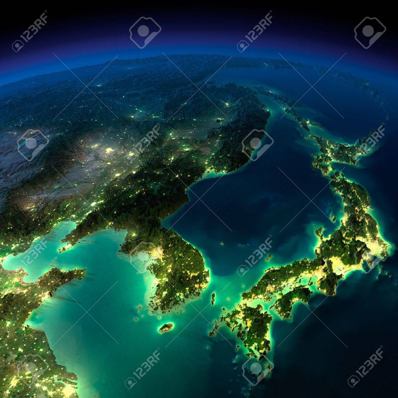Highly detailed Earth, illuminated by moonlight The glow of cities sheds light on the detailed exaggerated terrain and translucent water of the oceans - 19449617 Highly detailed Earth, illuminated by moonlight The glow of cities sheds light on the detailed exaggerated terrain and translucent water of the oceans - 19449617