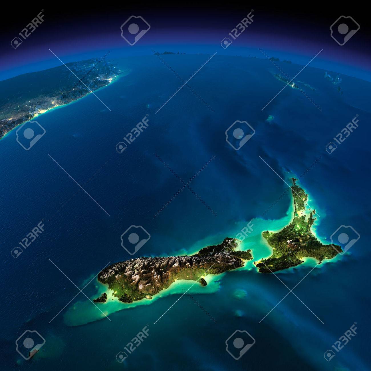 Highly detailed Earth, illuminated by moonlight The glow of cities sheds light on the detailed exaggerated terrain Night Earth Pacific - New Zealand - 26504345 Highly detailed Earth, illuminated by moonlight The glow of cities sheds light on the detailed exaggerated terrain Night Earth Pacific - New Zealand - 26504345