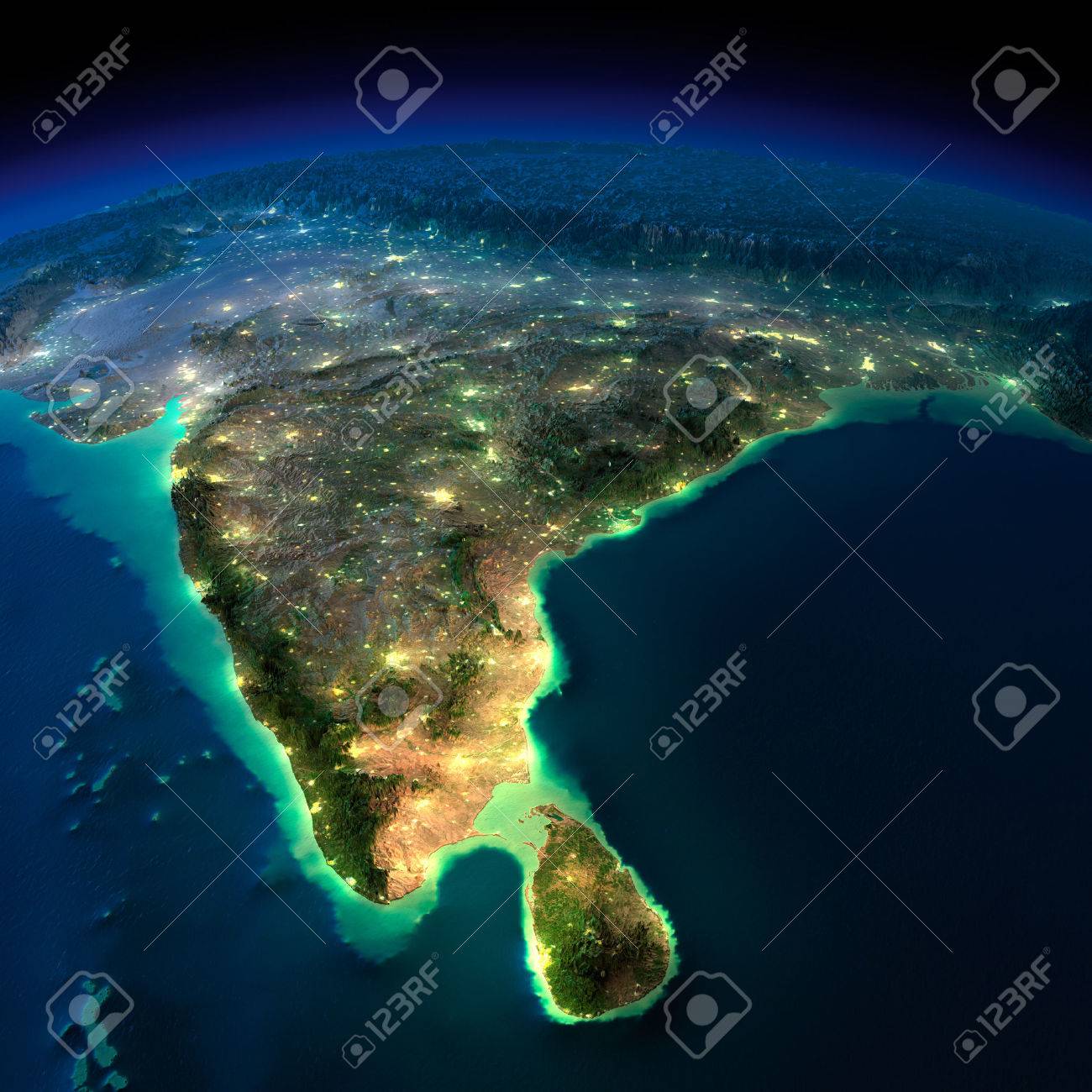 Highly detailed Earth, illuminated by moonlight. The glow of cities sheds light on the detailed exaggerated terrain. Night Earth. India and Sri Lanka. - 26504236 Highly detailed Earth, illuminated by moonlight. The glow of cities sheds light on the detailed exaggerated terrain. Night Earth. India and Sri Lanka. - 26504236