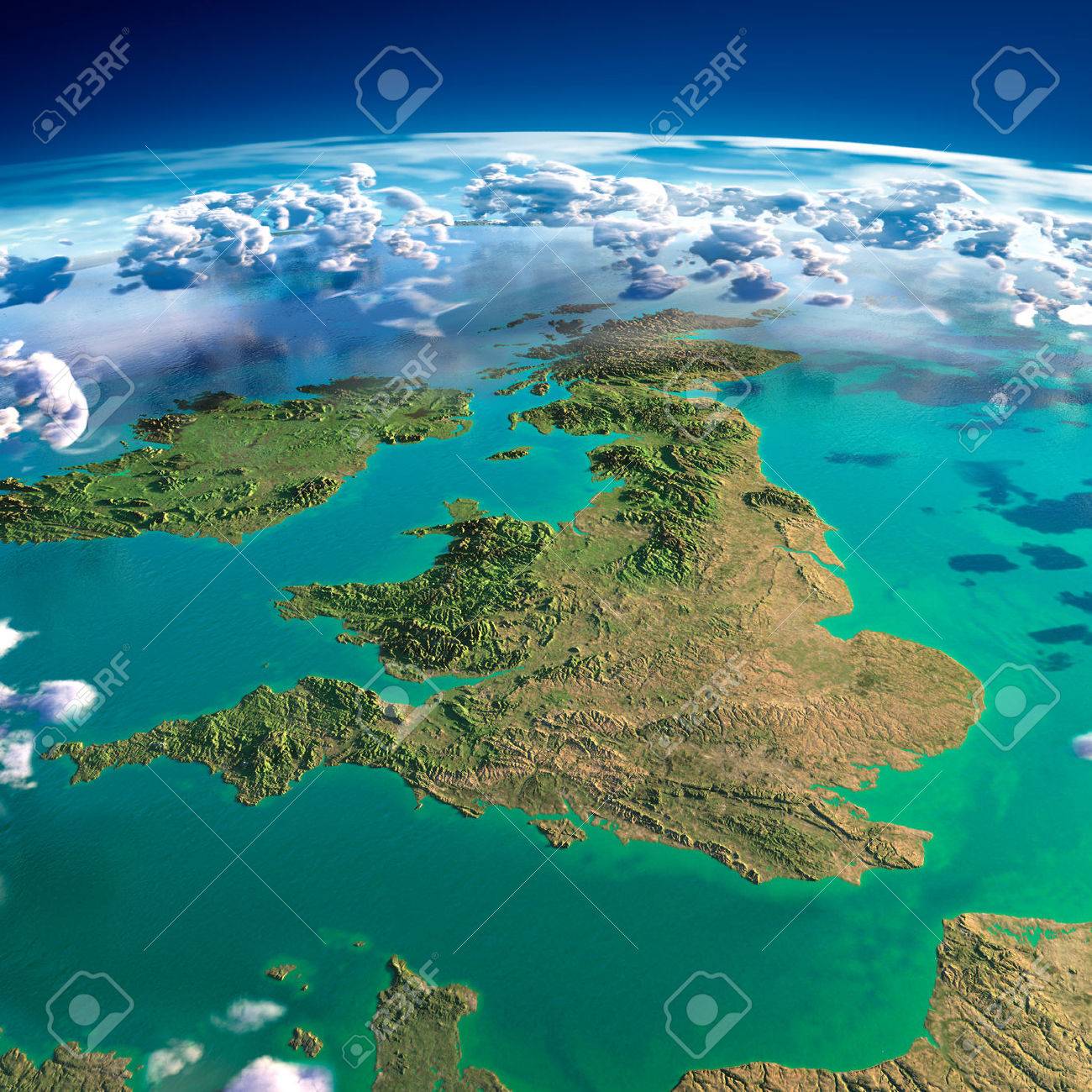 Highly detailed fragments of the planet Earth with exaggerated relief, translucent ocean and clouds, illuminated by the morning sun United Kingdom and Ireland - 27547735 Highly detailed fragments of the planet Earth with exaggerated relief, translucent ocean and clouds, illuminated by the morning sun United Kingdom and Ireland - 27547735
