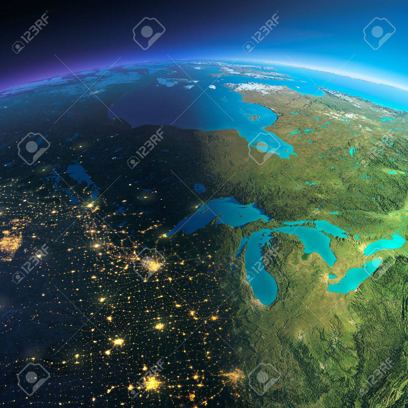 Highly detailed planet Earth. Night with glowing city lights gives way to day. The boundary of the night & day. The northern U.S. states and Canada. Elements of this image furnished by NASA - 39100891 Highly detailed planet Earth. Night with glowing city lights gives way to day. The boundary of the night & day. The northern U.S. states and Canada. Elements of this image furnished by NASA - 39100891