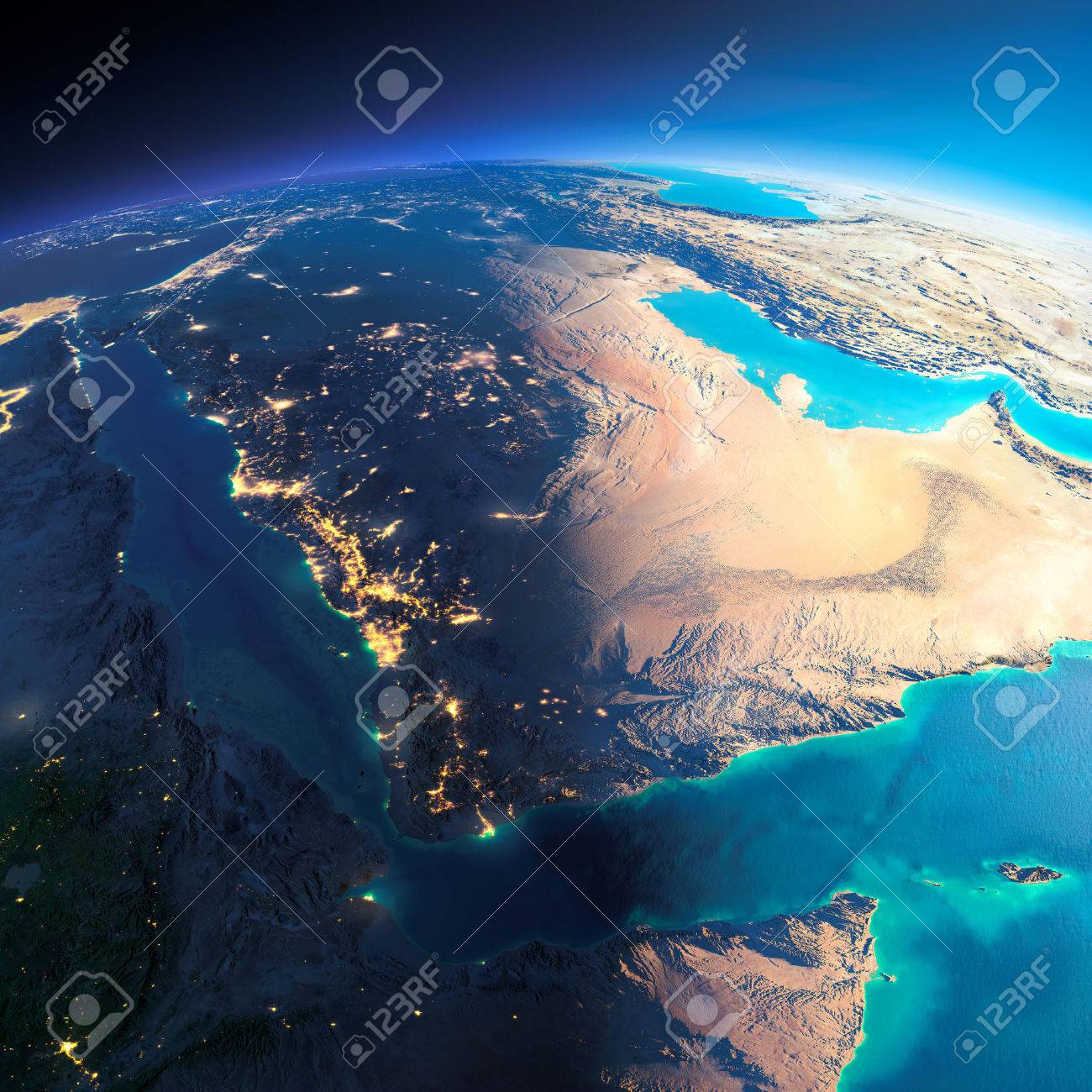 Highly detailed planet Earth. Night with glowing city lights gives way to day. The boundary of the night & day. Saudi Arabia. Elements of this image furnished by NASA - 39100904 Highly detailed planet Earth. Night with glowing city lights gives way to day. The boundary of the night & day. Saudi Arabia. Elements of this image furnished by NASA - 39100904