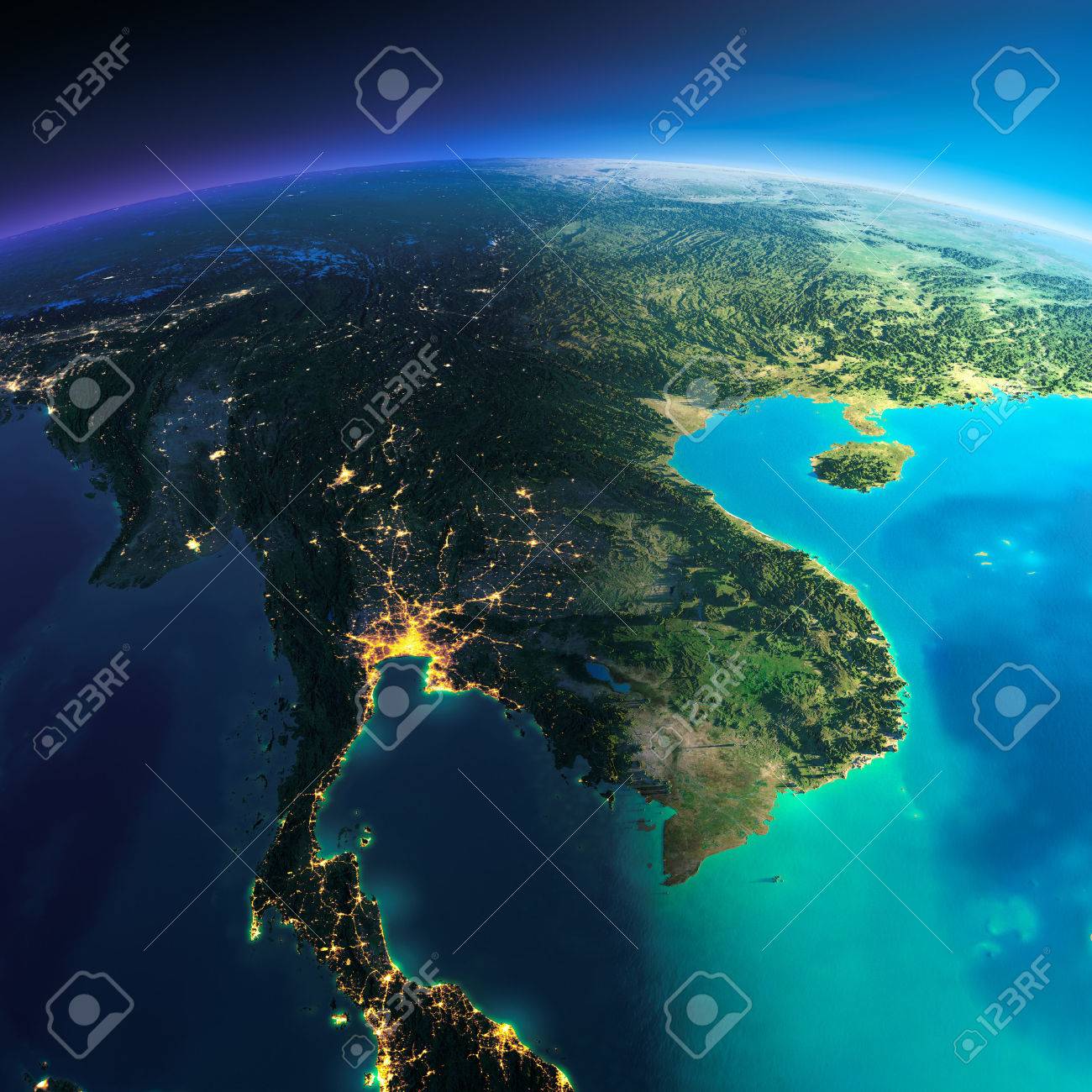 Highly detailed planet Earth. Night with glowing city lights gives way to day. The boundary of the night & day. Indochina peninsula. Elements of this image furnished by NASA - 39100774 Highly detailed planet Earth. Night with glowing city lights gives way to day. The boundary of the night & day. Indochina peninsula. Elements of this image furnished by NASA - 39100774