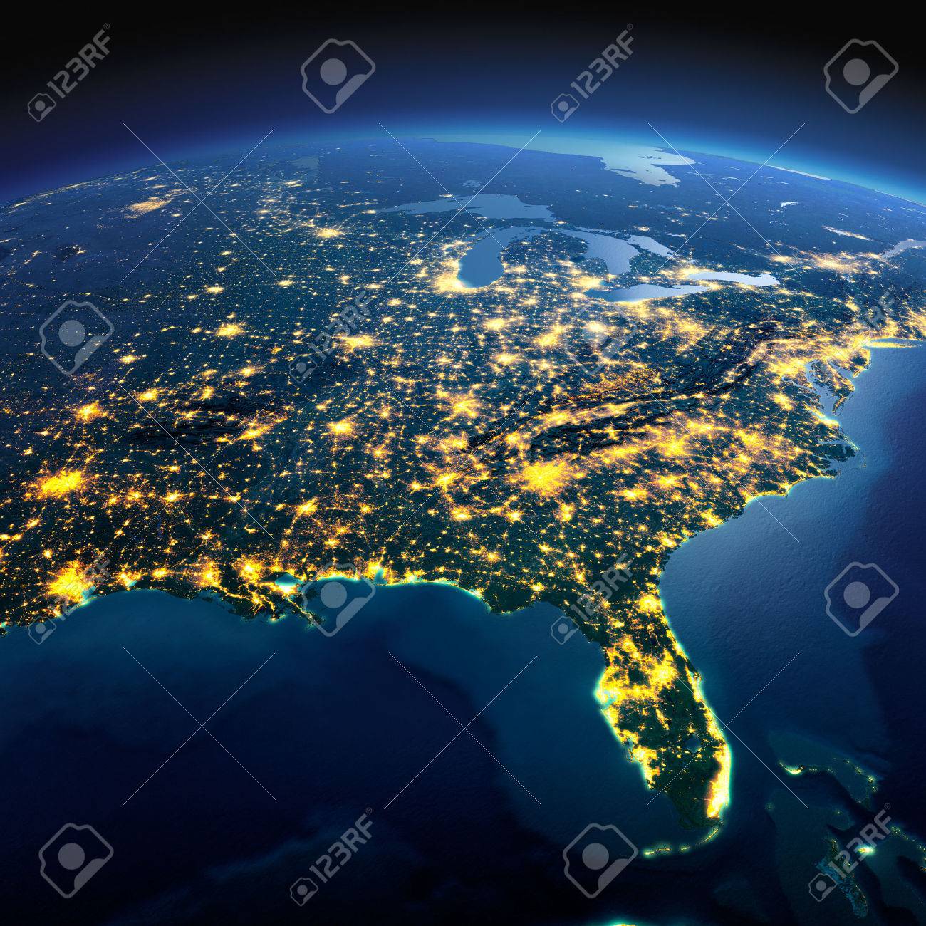 Night planet Earth with precise detailed relief and city lights illuminated by moonlight. North America. USA. Gulf of Mexico and Florida. Elements of this image furnished by NASA - 49133978 Night planet Earth with precise detailed relief and city lights illuminated by moonlight. North America. USA. Gulf of Mexico and Florida. Elements of this image furnished by NASA - 49133978