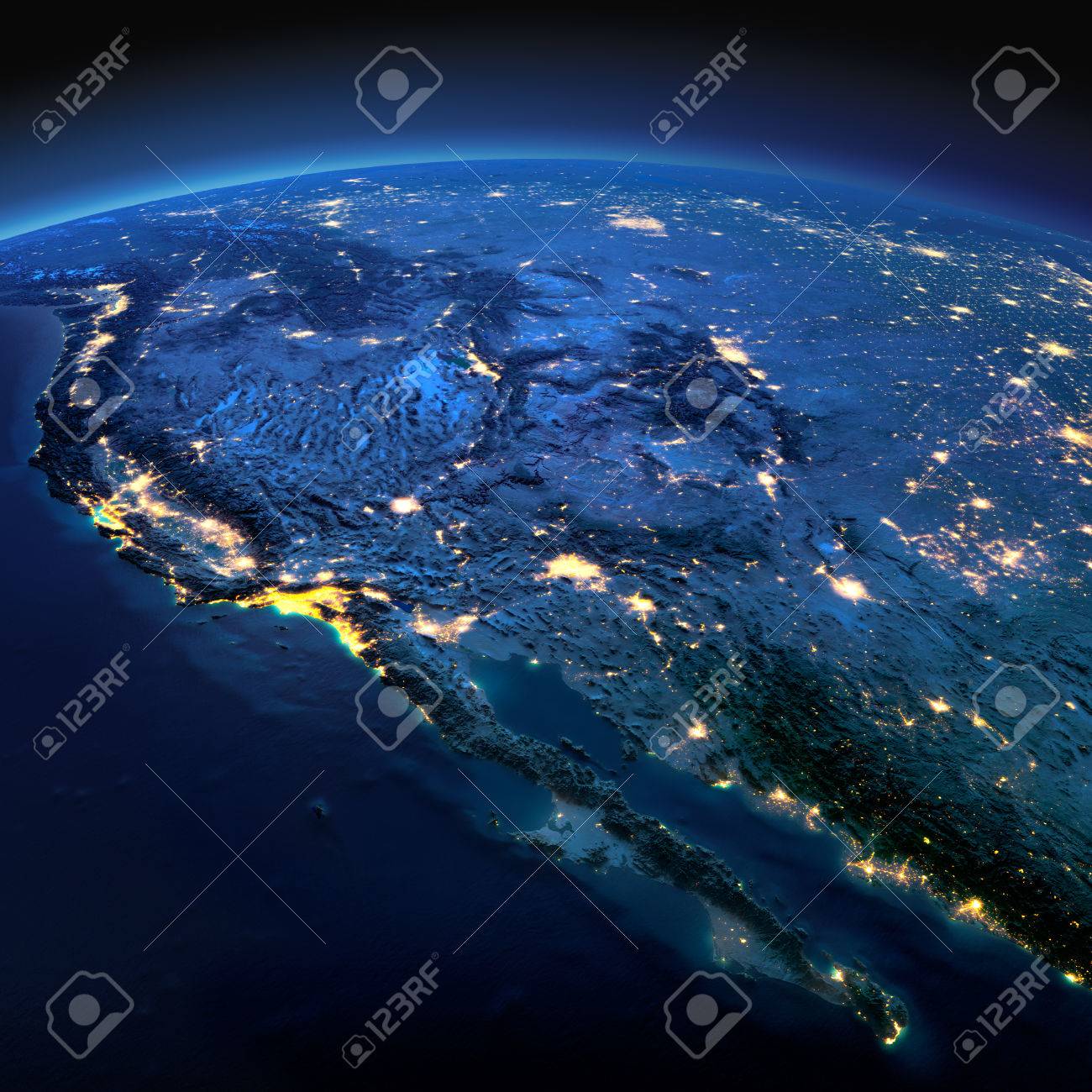 Night planet Earth with precise detailed relief and city lights illuminated by moonlight. Gulf of California, Mexico and the western U.S. states. - 49133985 Night planet Earth with precise detailed relief and city lights illuminated by moonlight. Gulf of California, Mexico and the western U.S. states. - 49133985