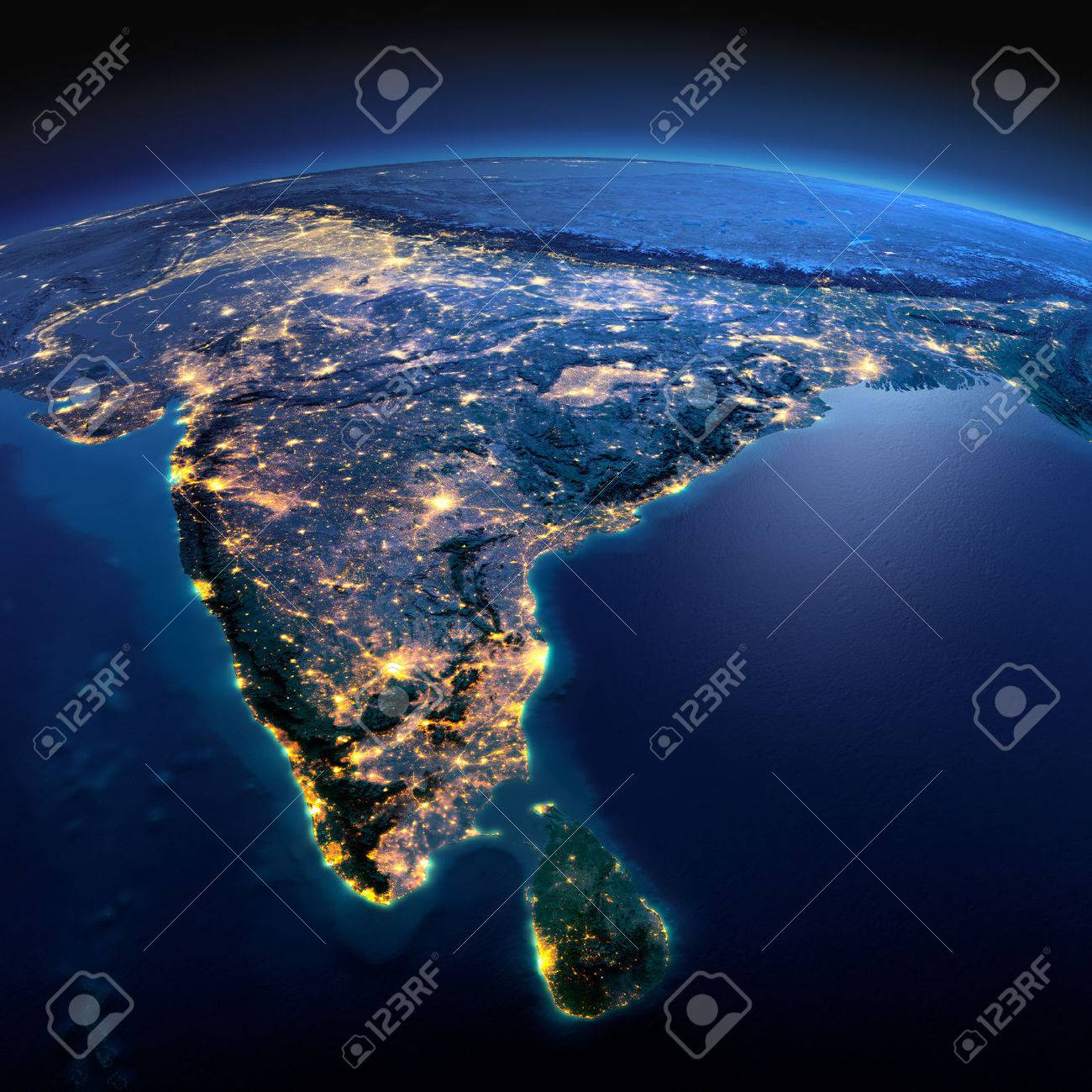 Night planet Earth with precise detailed relief and city lights illuminated by moonlight. India and Sri Lanka. - 50354080 Night planet Earth with precise detailed relief and city lights illuminated by moonlight. India and Sri Lanka. - 50354080