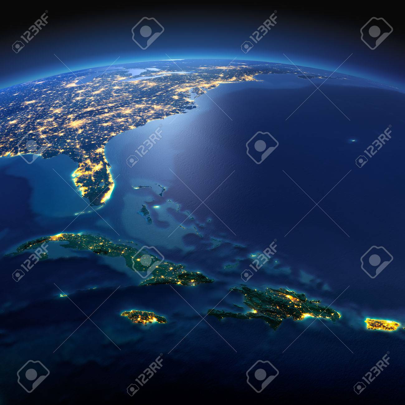 Night planet Earth with precise detailed relief and city lights illuminated by moonlight. South America. Caribbean islands. Cuba, Haiti, Jamaica. Elements of this image furnished by NASA - 50372676 Night planet Earth with precise detailed relief and city lights illuminated by moonlight. South America. Caribbean islands. Cuba, Haiti, Jamaica. Elements of this image furnished by NASA - 50372676