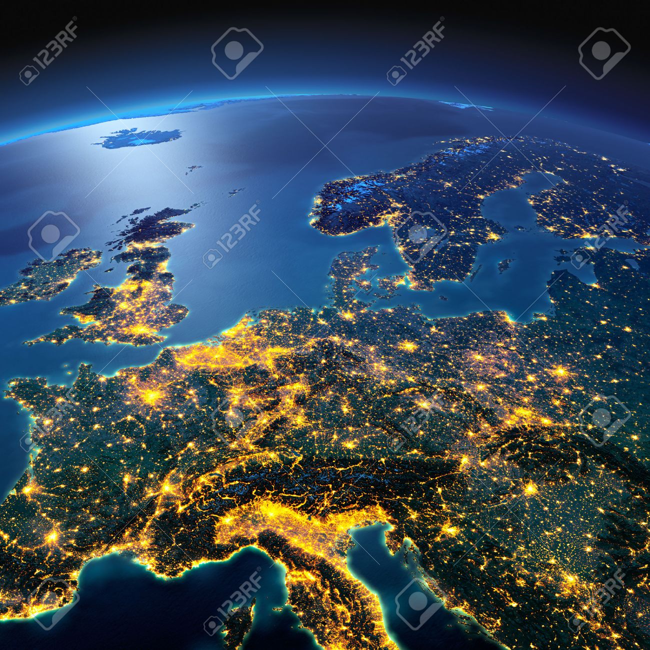 Night Planet Earth With Precise Detailed Relief And City Lights Illuminated  By Moonlight. Central Europe. Elements Of This Image Furnished By NASA  Stock Photo, Picture and Royalty Free Image. Image 50372680., image size:1300x1300