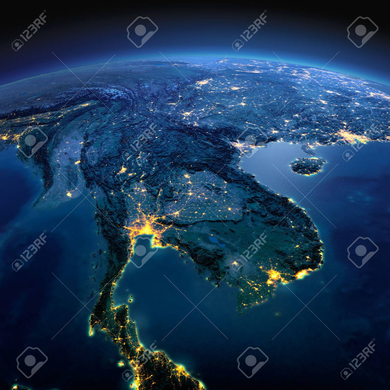 Night planet Earth with precise detailed relief and city lights illuminated by moonlight. Indochina peninsula. Elements of this image furnished by NASA - 50372682 Night planet Earth with precise detailed relief and city lights illuminated by moonlight. Indochina peninsula. Elements of this image furnished by NASA - 50372682