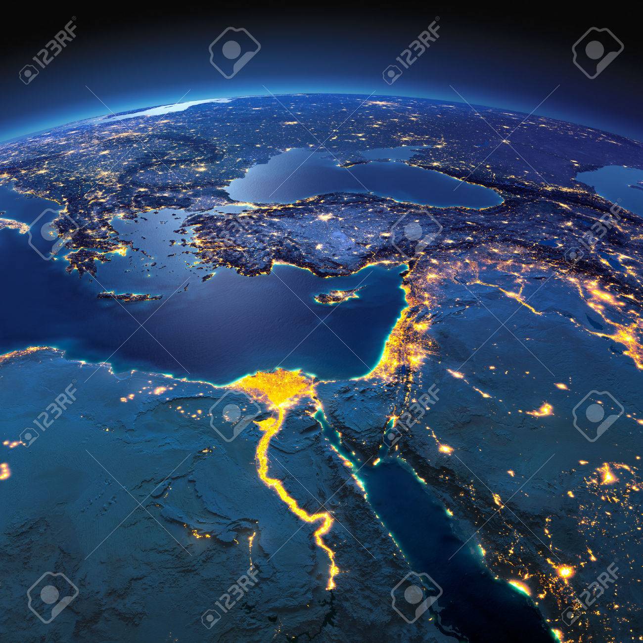 Night Planet Earth With Precise Detailed Relief And City Lights Illuminated  By Moonlight. Africa And Middle East. Elements Of This Image Furnished By  NASA Stock Photo, Picture and Royalty Free Image. Image, image size:1300x1300