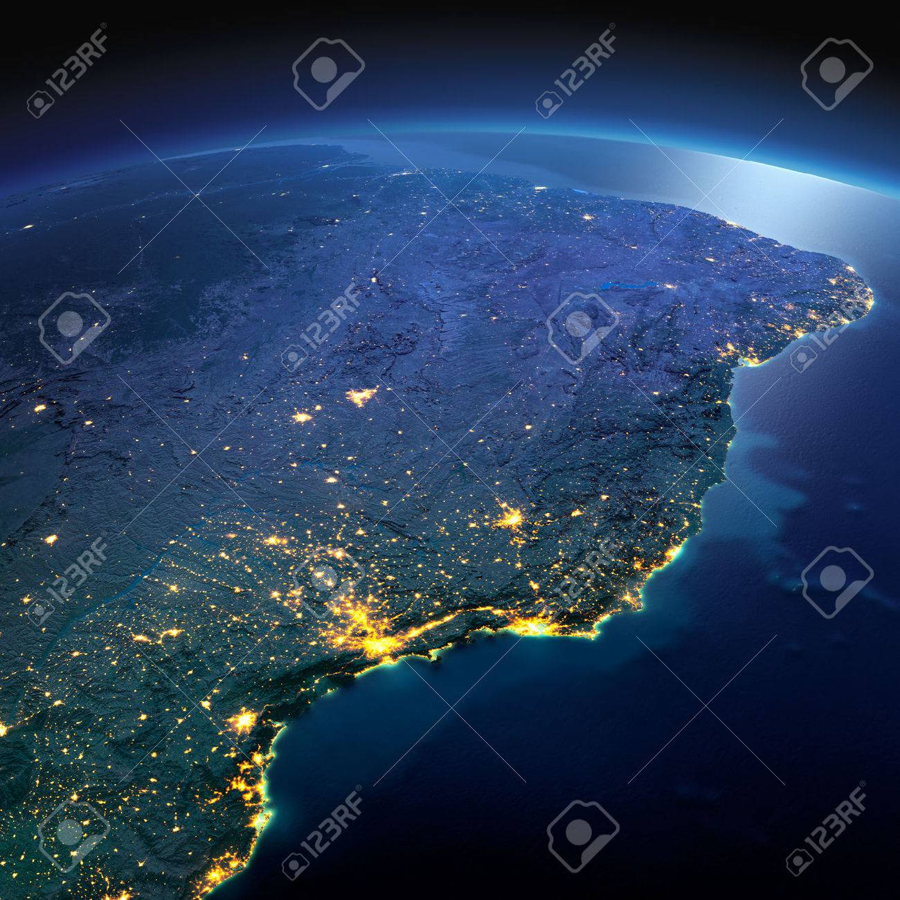 Night planet Earth with precise detailed relief and city lights illuminated by moonlight. South America. East Coast of Brazil. Elements of this image furnished by NASA - 50372696 Night planet Earth with precise detailed relief and city lights illuminated by moonlight. South America. East Coast of Brazil. Elements of this image furnished by NASA - 50372696