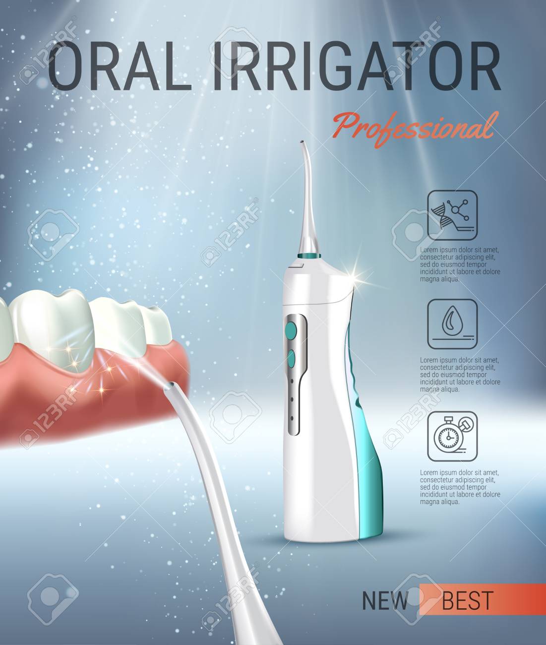 電動口腔洗浄器の広告 ポータブル水で 3 D イラスト ピックアップ デンタルフロスたいしてベクトル ハイテク製品のポスター のイラスト素材 ベクタ Image