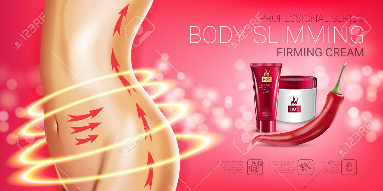 Body skin care series ads. Vector Illustration with chili pepper body slimming firming cream tube and container. Horizontal banner. - 78444122 Body skin care series ads. Vector Illustration with chili pepper body slimming firming cream tube and container. Horizontal banner. - 78444122