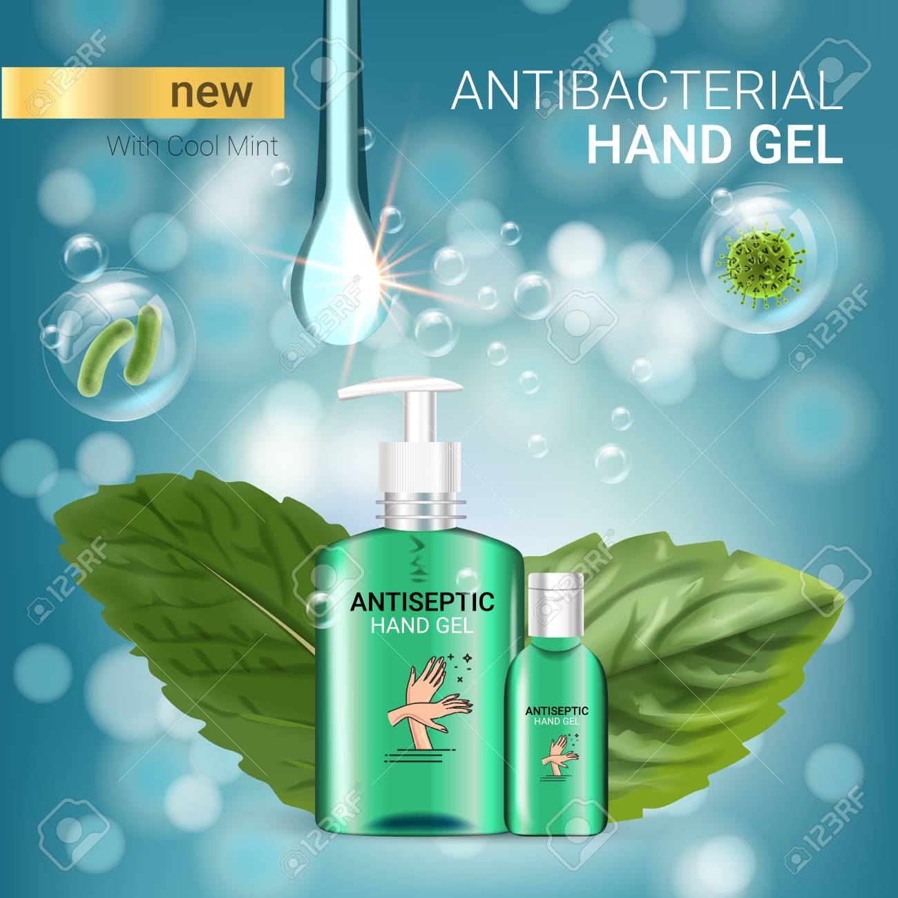 Cool mint flavor Antibacterial hand gel ads. Vector Illustration with antiseptic hand gel in bottles and mint leaves elements. Poster. - 79001009 Cool mint flavor Antibacterial hand gel ads. Vector Illustration with antiseptic hand gel in bottles and mint leaves elements. Poster. - 79001009